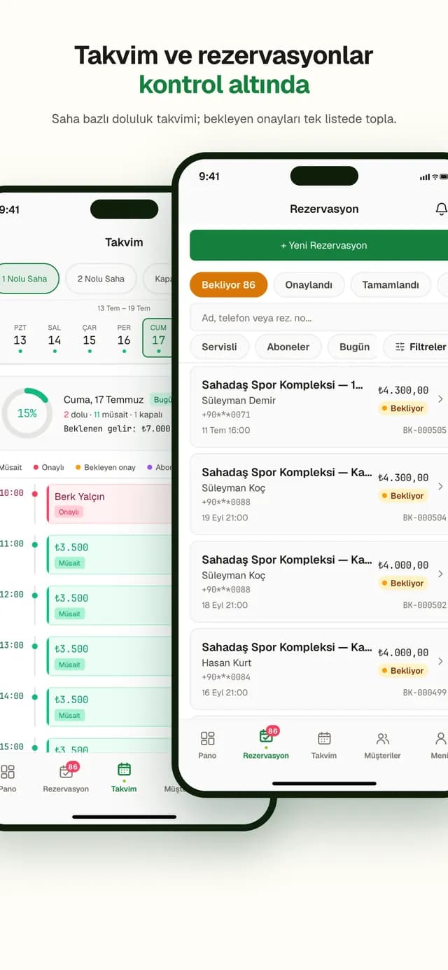 Sahadaş uygulaması ekranı: saha bazlı takvim ve rezervasyon listesi